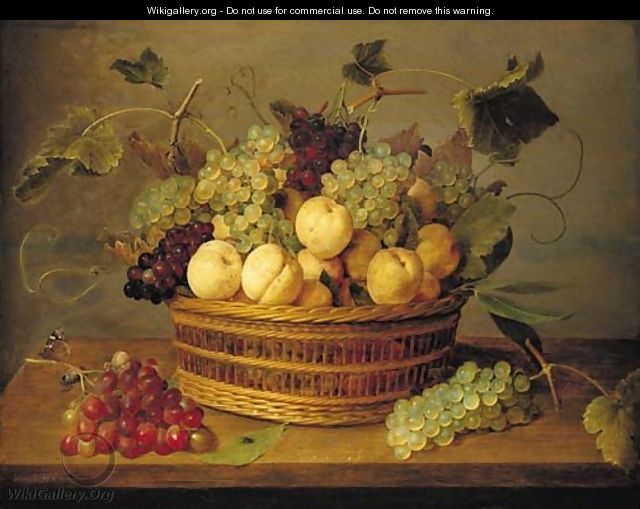 Grapes on the vine and peaches in a basket on a table, with a butterfly, beetle and fly on a wooden ledge - Jacob van Hulsdonck