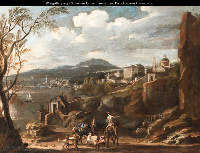 An Italianate coastal Landscape with Travellers conversing on a Path with a Town beyond - Italian School