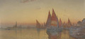 Vessels before Venice at dusk - Italian School