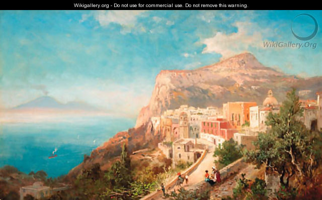 Figures on a coastal path with Capri beyond - Italian School