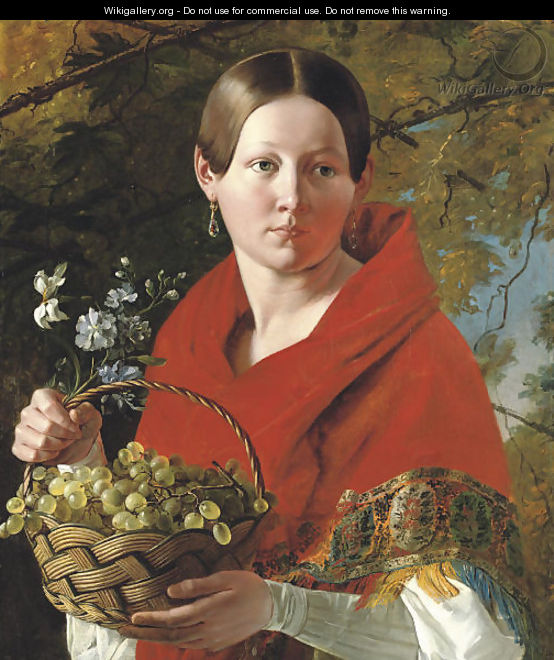 Portrait of a young woman holding a basket of grapes - Ivan Fomich Khrutskii