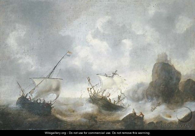 A coastal landscape with frigates off the coast in a storm - Jacob Adriaensz. Bellevois