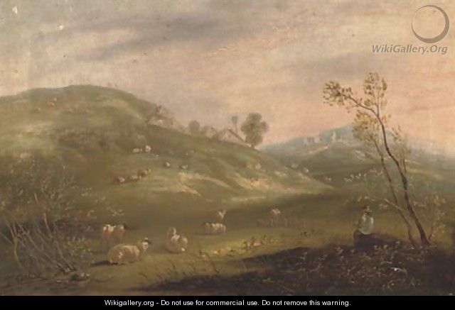 A shepherd and his flock on a hillside with cottages in the distance - John Maler Collier
