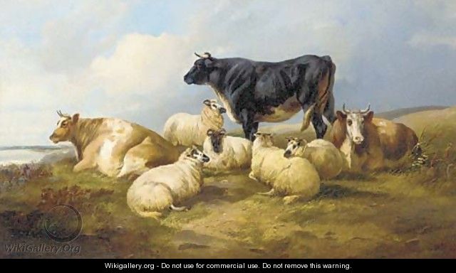 Sheep and cattle resting in a river landscape - J. Morris