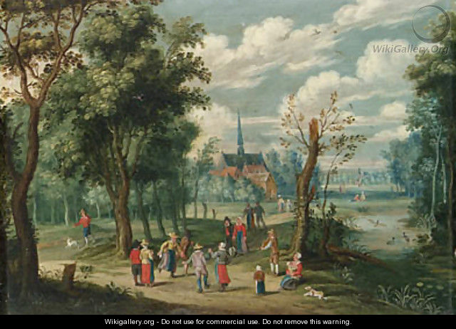 A wooded landscape with peasants dancing - Isaak van Oosten