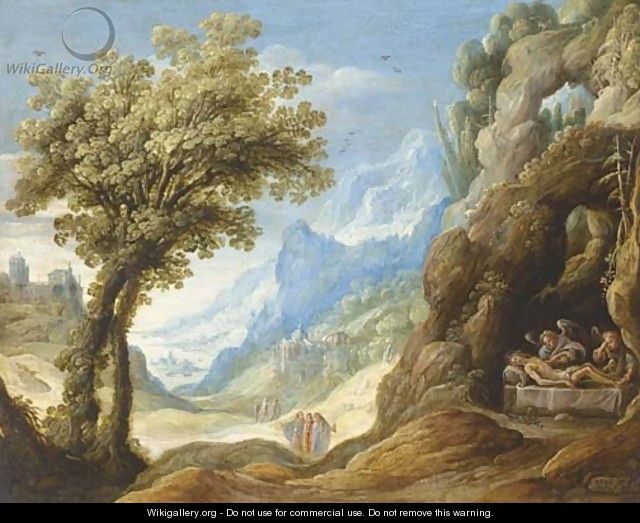 The Dead Christ lamented by Angels in a mountainous landscape - Isaak De Hoey