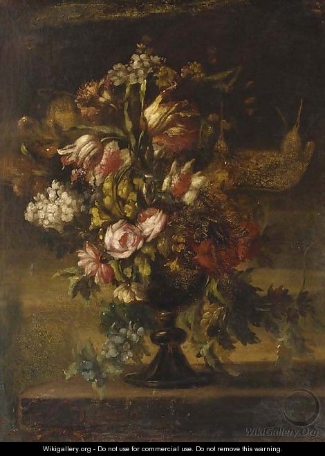 Roses, lilies, carnations and other flowers in a black vase - Italian School