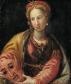 Portrait of a lady, half-length, holding a mask - Italian School