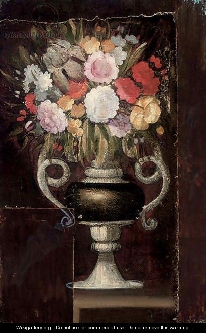 Carnations, narcissi and other flowers in an urn on a ledge - Italian School