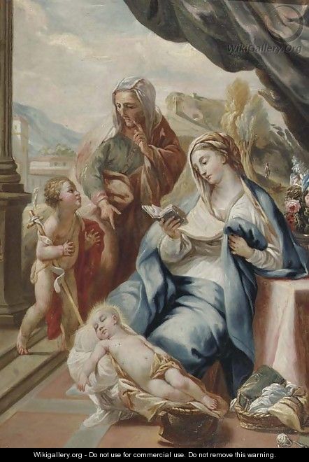 The Madonna and Child with the Infant Saint John the Baptist and Saint Anne on a terrace, a landscape beyond - Italian School