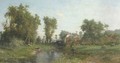 Summer landscape with cows grazing by a watermill - Isidore Verheyden