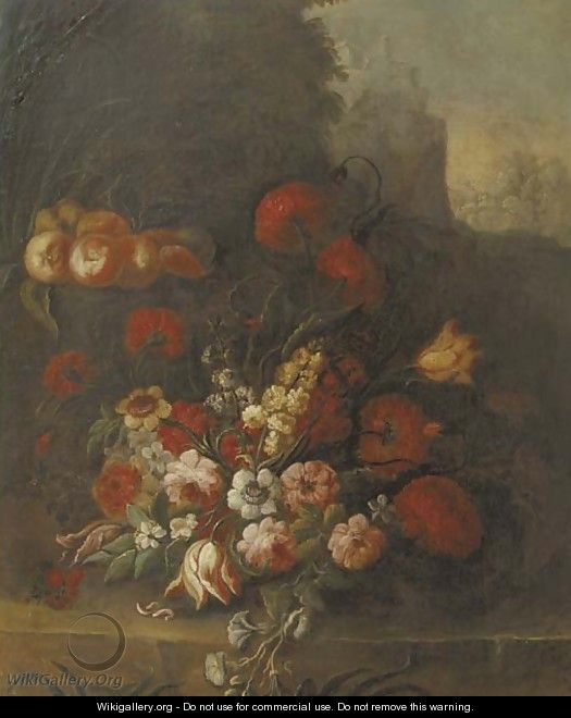 Tulips, roses, peonies, narcissus and other flowers and peaches on a ledge - Italian School