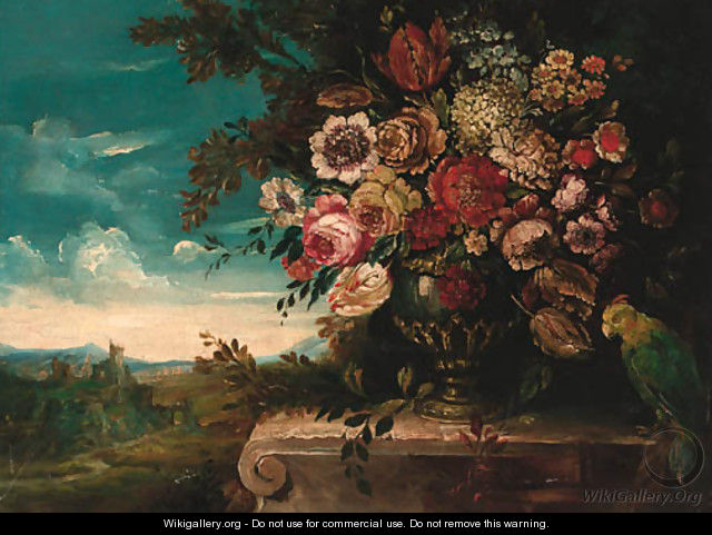 Peonies, roses, tulips and other flowers in an urn - Italian School