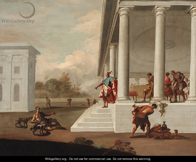 A classical portico with Dives and Lazarus - Italian School