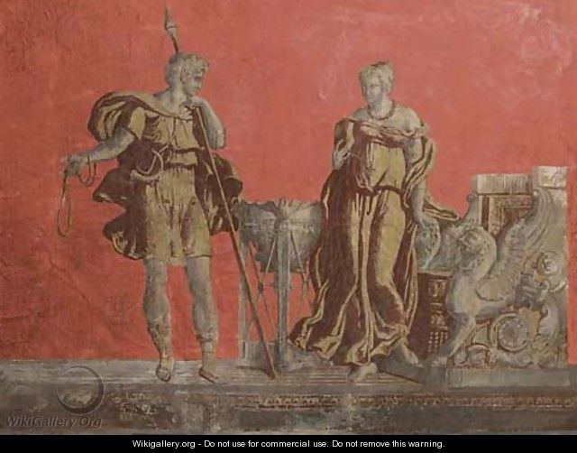 Paris and Aphrodite by a brazier and throne - Italian School