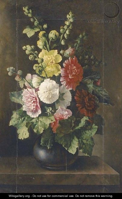 Mixed flowers in a vase on a plinth - Italian School
