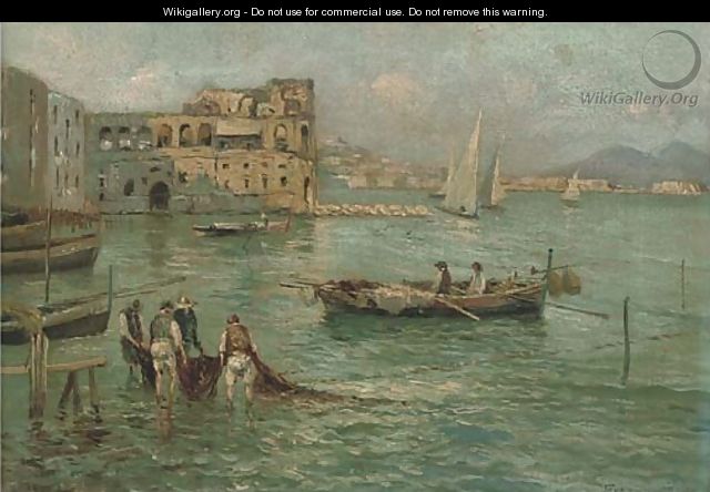 Figures in a sunlit harbour - Italian School