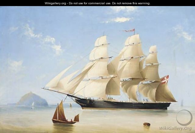 A Danish full-rigged ship heaving-to off an island - Frederick Tudgay