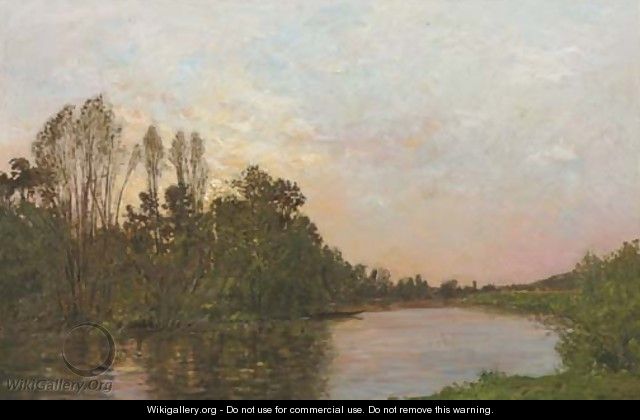 Soleil couchant pres Mantes along a river at dusk - Hippolyte Camille Delpy