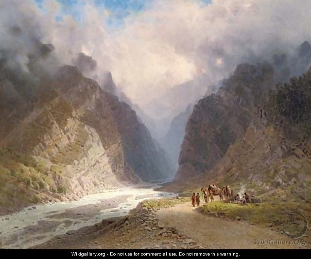 A mountainous landscape with travellers by a stream - Il