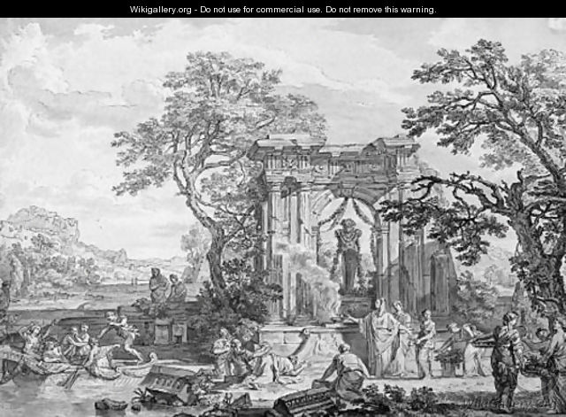 A classical landscape with a sacrifice offered to Pan in the ruins of a temple - Isaac de Moucheron