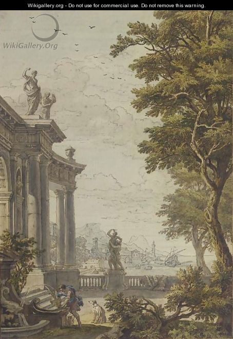 A classical gateway with a man and his dog at a fountain, a port and mountains beyond - Isaac de Moucheron