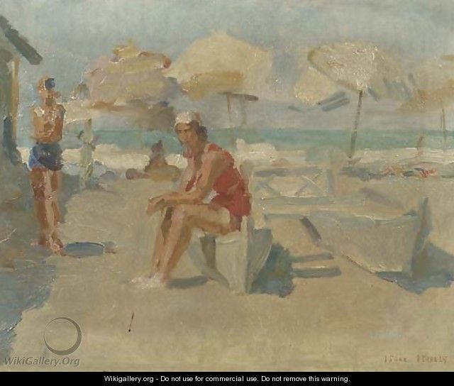 Lidostrand met parasols en bootjes at the beach of the Lido, Venice - Isaac Israels