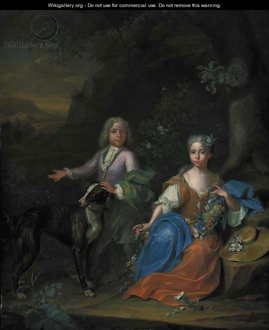 Double portrait of a boy and a girl, small full-length, with a greyhound in a wooded landscape - Heroman Van Der Mijn