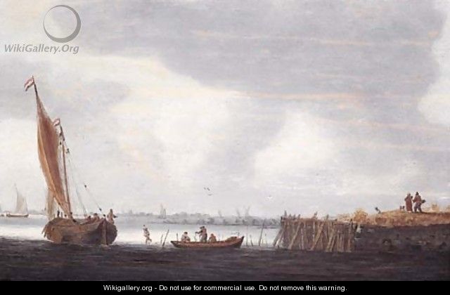 A smalschip setting out from a harbour at dawn with fishermen in a rowing boat - Hieronymous Van Diest