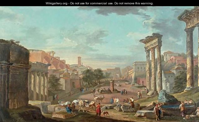 A capriccio of the Campo Vaccino with figures amongst ruins - Hubert Robert