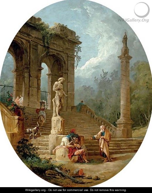 A capriccio of a classical arcade and a column with figures conversing before a statue - Hubert Robert