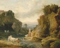 Figures by a footbridge in a rocky river landscape - Hubert Robert