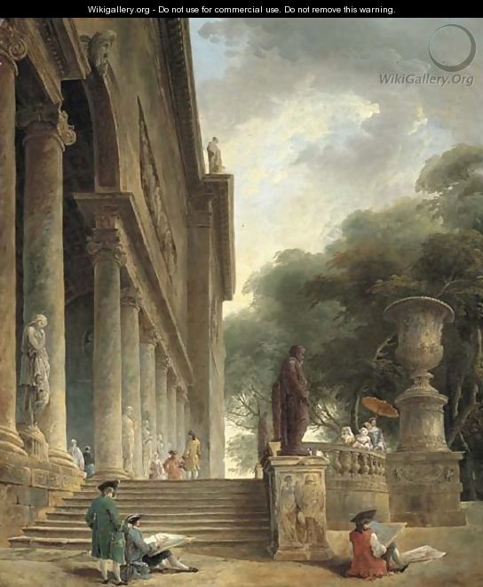 Colonnade et jardins du Palais Medici Gentlemen sketching in an Italianate garden - Hubert Robert