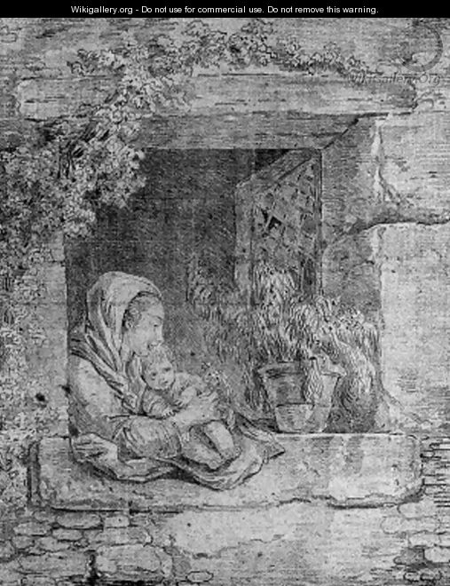A mother and child embracing by a cottage window - Hubert Robert