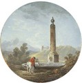 A landscape with a horseman pausing by a fountain - Hubert Robert
