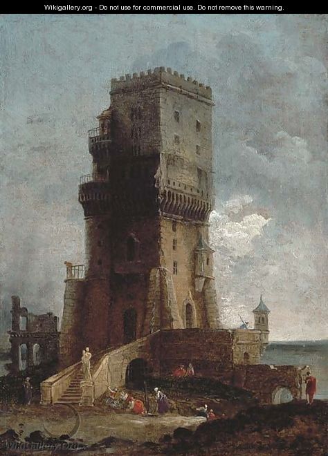 A capriccio of a tower with figures in the foreground, ruins and the sea beyond - Hubert Robert