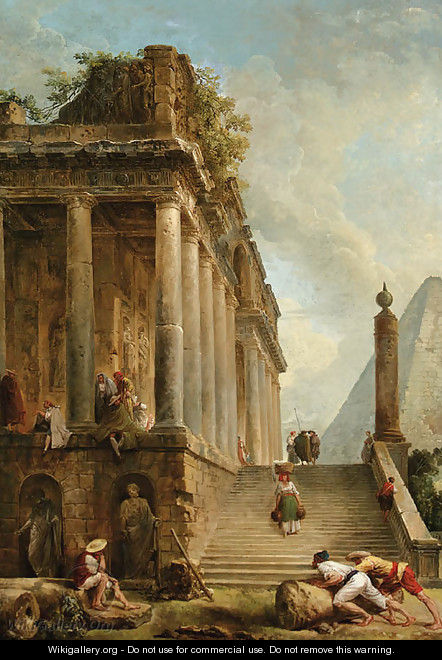 A capriccio of a ruined classical temple and a Pyramid with a flight of steps - Hubert Robert