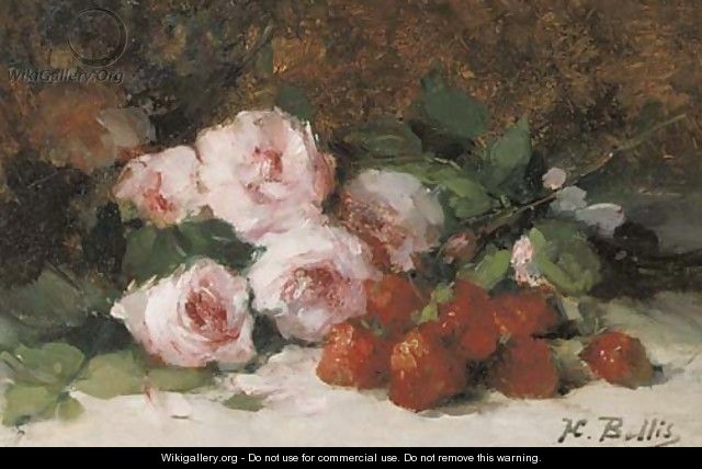 Strawberries and pink roses on a ledge - Hubert Bellis