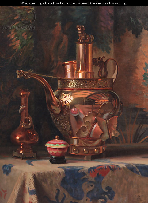 A still life with a Chinese brass kettle - Hubert Vos