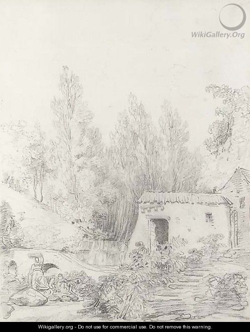 Washerwomen in a stream by a rustic cottage - Hubert Robert