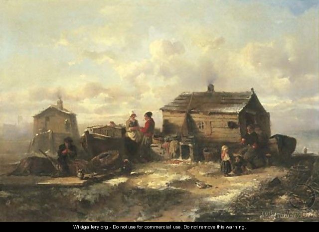 A fisher family from Marken conversing by a hut in winter - Herman Frederik Carel ten Kate