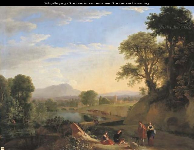 An Italianate river landscape with travellers conversing on a path and peasants fishing from a boat beyond - Herman Van Swanevelt