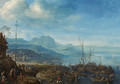 A view of Linz am Rhein, with barges unloading at a quay, an inn nearby - Herman Saftleven