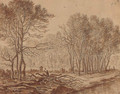 A stand of trees by a river with a woodcutter chopping logs - Herman Saftleven