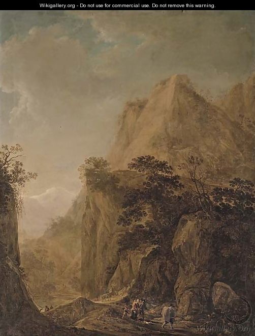 A rocky landscape with travellers on a path and peasants by a lake - Herman Saftleven