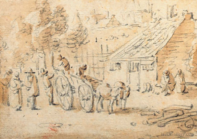 A horse-drawn cart with figures by a village - Herman Saftleven