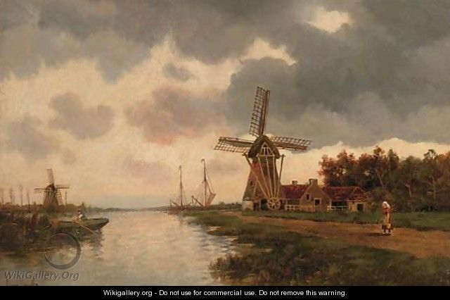 Windmills along a river - Hermanus Koekkoek