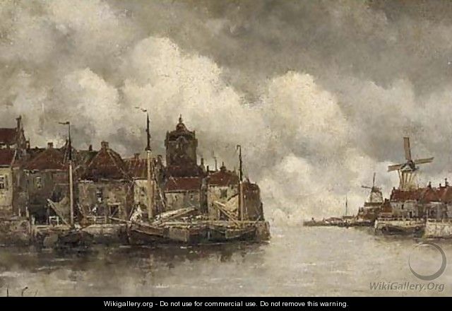 Moored vessels along a quay in a Dutch town - Hermanus Koekkoek