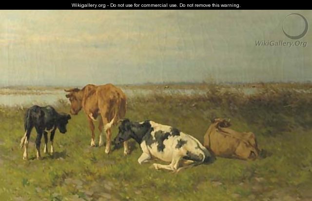 A polder landscape with cows near the water - Hermanus Charles Christiaan Bogman