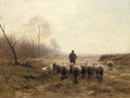 A shepherd herding his flock in an autumnal landscape - Hermann Johannes Van Der Weele